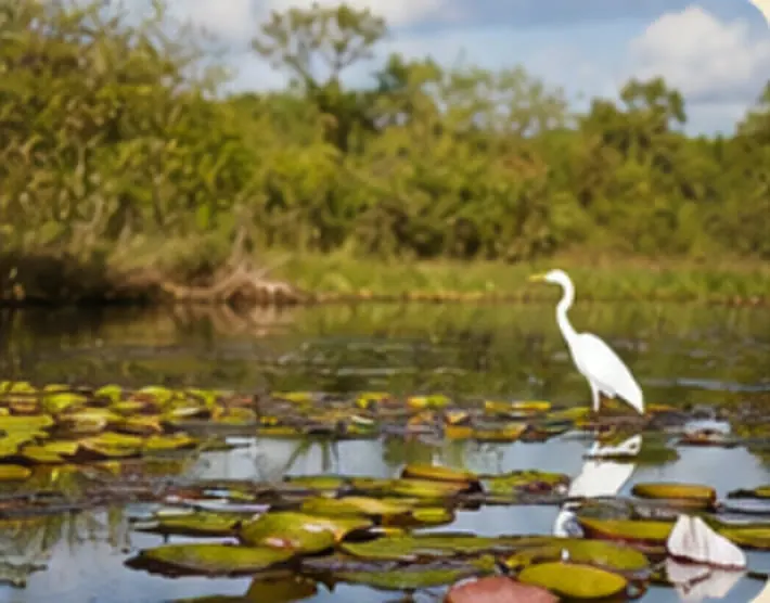 Garza blanca entre los camalotes de una laguna del Iberá